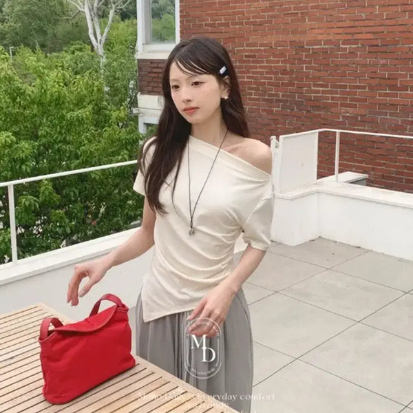 [BUNJANG] Mono Daily Tas Shirring Asymmetrical T-Shirt / 모노데일리 타스 셔링 언발 티셔츠