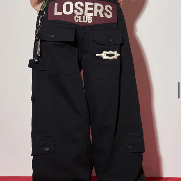 [BUNJANG] Multi Cargo Pocket Wide Cotton Patch Pants - Black / 멀티 카고 포켓 와이드 코튼 패치 팬츠 바지 블랙