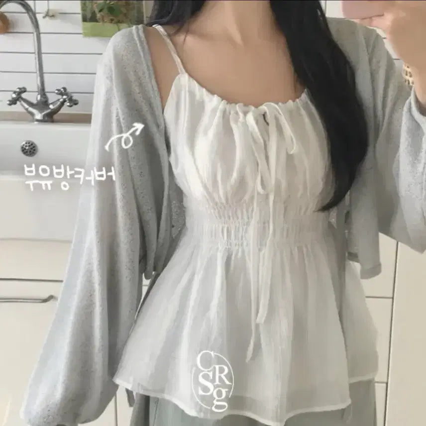 [BUNJANG] Sia Ribbon Shirring Camisole Blouse / 시아 리본 셔링 나시 블라우스