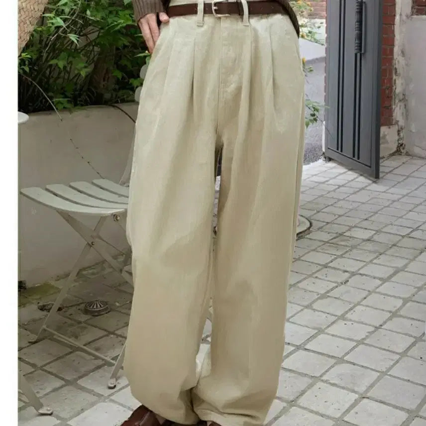 [BUNJANG] Slowand Nut Wide Cotton Pants Beige S / 슬로우앤드 넛츠 와이드 코튼팬츠