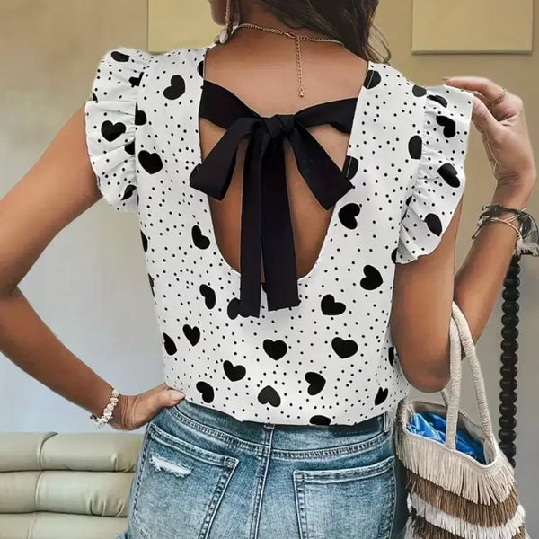 [BUNJANG] Frilled Heart Blouse with Back Ribbon (White/Black, Size 77) / 새상품)뒷리본 프릴 하트 블라우스 77