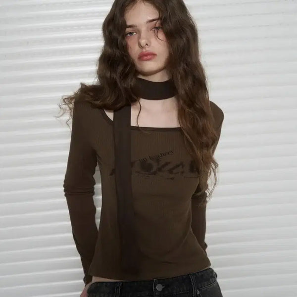 [BUNJANG] Leathery Square Neck Tie Scarf Long Sleeve T-Shirt Khaki / 레더리 스퀘어넥 타이 스카프 티셔츠 카키