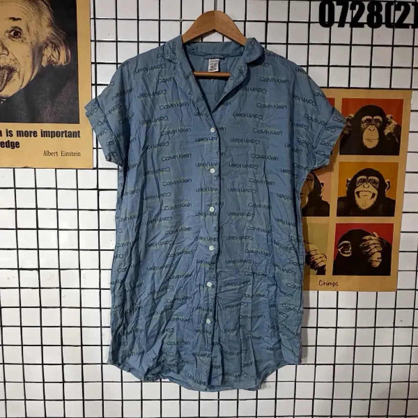 [BUNJANG] Calvin Klein All Over Logo Shirt - Blue / 캘빈클라인 셔츠 올오버 로고 S 0728