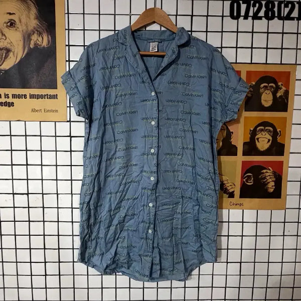 [BUNJANG] Calvin Klein All Over Logo Shirt - Blue / 캘빈클라인 셔츠 올오버 로고 S 0728