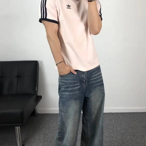 [BUNJANG] Adidas Originals Ash Pink Ringer T-Shirt 3-Stripes Short Sleeve / 아디다스 정품 애쉬핑크 링거티 3stripes 삼선 반팔