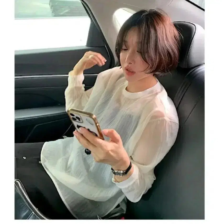 [BUNJANG] Ribbon Tie Tencel See-through Round Neck T-Shirt - Ivory / 리본타이 텐셀 시스루 라운드 티 - 아이보리