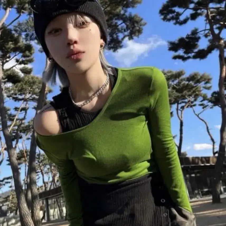 [BUNJANG] Green Layered Long Sleeve T-Shirt / 그린 레이어드 롱슬리브 티셔츠