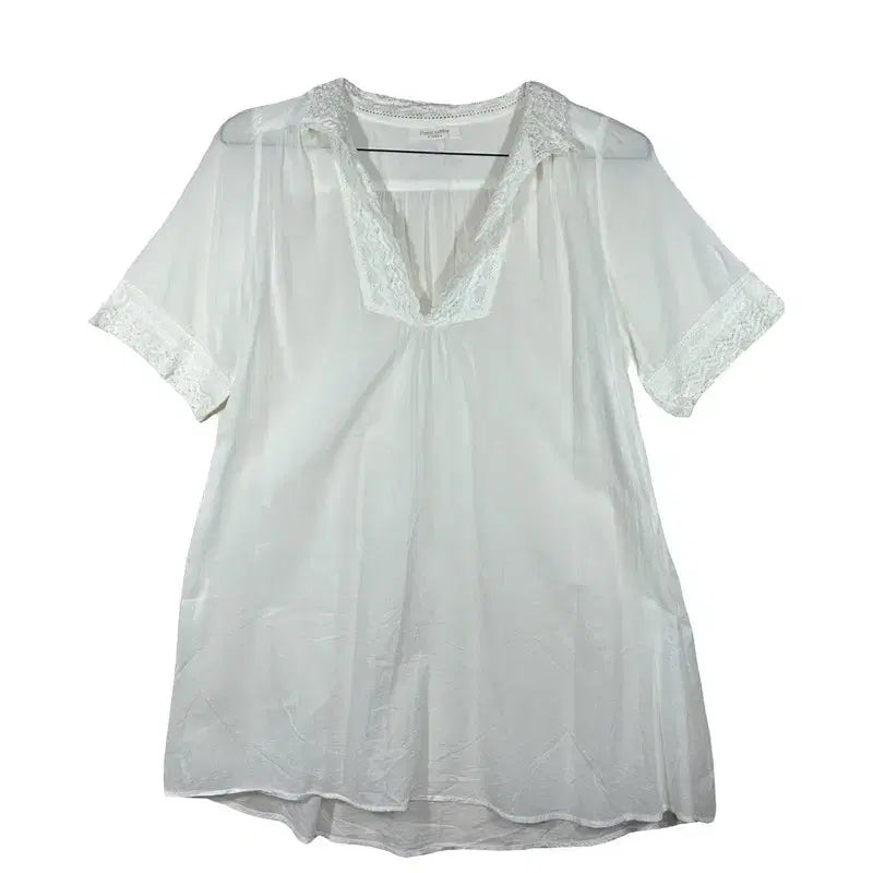 [BUNJANG] CHOCOL RAFFINE White Lace See-through Blouse Cotton Tunic Romantic Short Sleeve Shirt [L] / CHOCOL RAFFINE 화이트 레이스 시스루 블라우스 코튼 튜닉 로맨틱 반팔 셔츠 [L] 코튼 100%