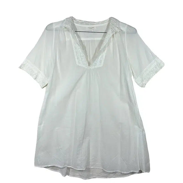 [BUNJANG] CHOCOL RAFFINE White Lace See-through Blouse Cotton Tunic Romantic Short Sleeve Shirt [L] / CHOCOL RAFFINE 화이트 레이스 시스루 블라우스 코튼 튜닉 로맨틱 반팔 셔츠 [L] 코튼 100%