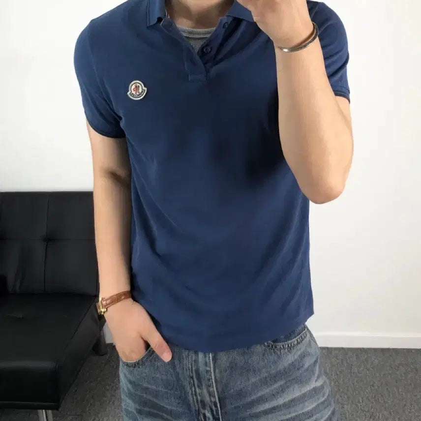 [BUNJANG] Moncler Authentic PK T-Shirt Blue Wappen Patch Short Sleeve / 몽클레어 정품인증 pk티 블루 와펜패치 반팔