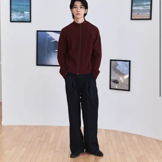 [BUNJANG] WAVYNESS Diagonal Full Zip-Up Knit Melange Red Size 2 / 웨이비니스 다이에그널 풀 집업 니트 멜란지 레드 2사이즈