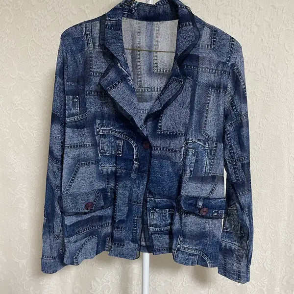 [BUNJANG] Denim Patchwork Print See-through Jacket / 데님 패치워크 프린트 시스루자켓