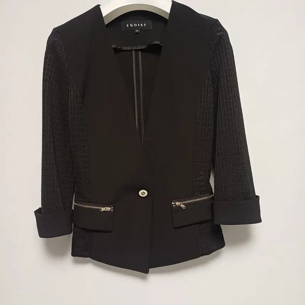 [BUNJANG] EGOIST Color-Blocked Zipper Detail Short Jacket (Black, Size S) / [EGOIST] 에고이스트 정품 배색 지퍼 포인트 숏 자켓 (55/S)