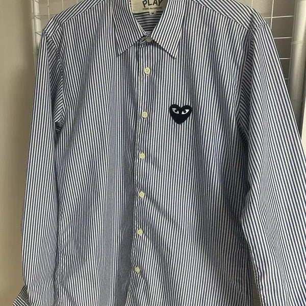 [BUNJANG] Comme des Garçons Blue Stripe Black Heart Women's Shirt - Size M / 사이즈M) 꼼데가르송 블루 스트라이프 블랙 하트 여성 셔츠