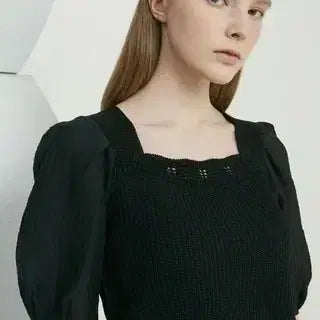 [BUNJANG] Time Square Neck Puff Sleeve Blouse / 타임 블랙 스퀘어넥 퍼프 소매 블라우스