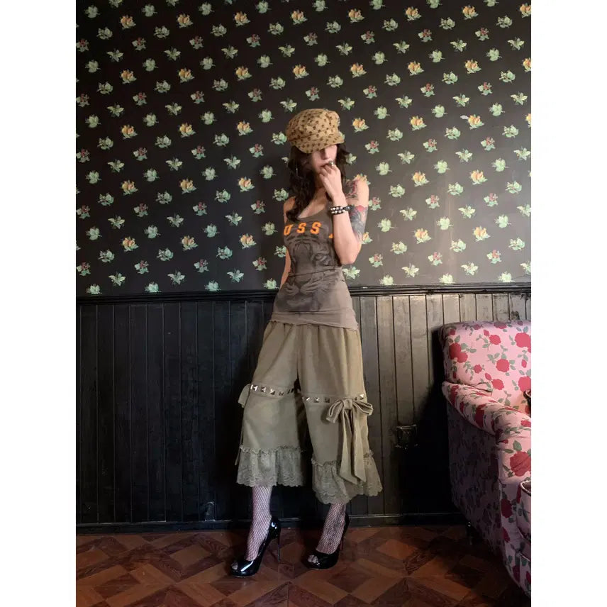 [BUNJANG] FOURFORTY Green Studded Lace Crop Sweatpants / FOURFORTY 그린 스터드 레이스 크롭 스웨트 팬츠