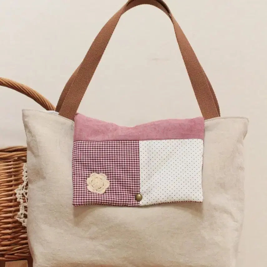 [BUNJANG] Handmade Crochet Linen Tote Bag / 핸드메이드 모리걸 뜨개 꽃 린넨 토트백