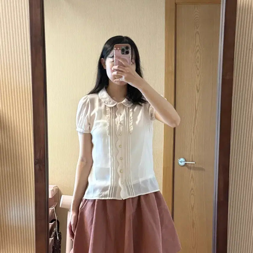 [BUNJANG] Vintage Mori Girl Round Collar Blouse + Dusty Pink Culotte Pants Set / 빈티지 모리걸 둥근카라 블라우스 + 인디핑크 큐롯 팬츠 세트