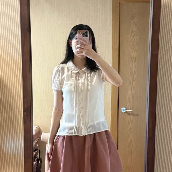 [BUNJANG] Vintage Mori Girl Round Collar Blouse + Dusty Pink Culotte Pants Set / 빈티지 모리걸 둥근카라 블라우스 + 인디핑크 큐롯 팬츠 세트