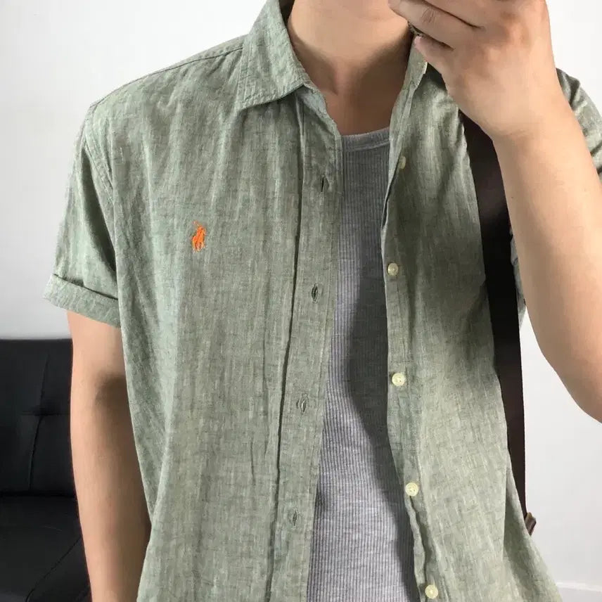[BUNJANG] Polo Ralph Lauren Authentic Linen Short Sleeve Shirt Khaki / 폴로 정품 린넨셔츠 연카키 반팔