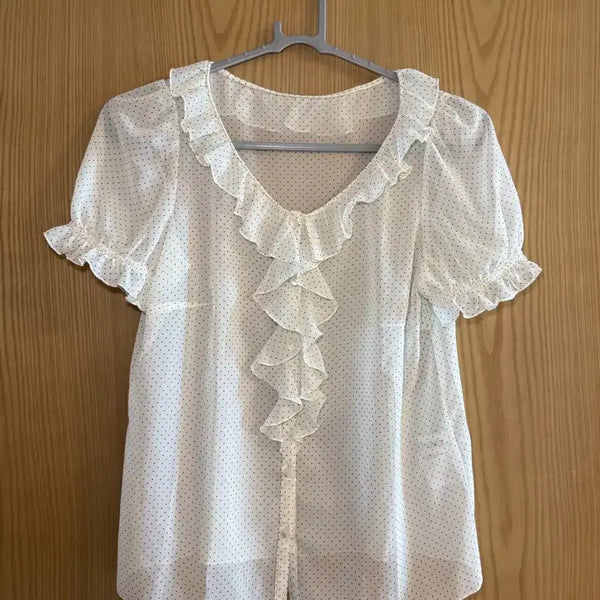 [BUNJANG] Lovely Mori Girl White Dot Frill Blouse / 러블리 모리걸 화이트 도트 프릴 블라우스