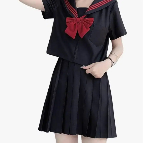 [BUNJANG] Black Sailor Uniform Set (Short Sleeve Blouse, Skirt, Ribbon) / 블랙 세일러복 세트 세라복 블랙 (반팔 블라우스+치마+리본) 코스프레 JK교복 졸업사진 판매