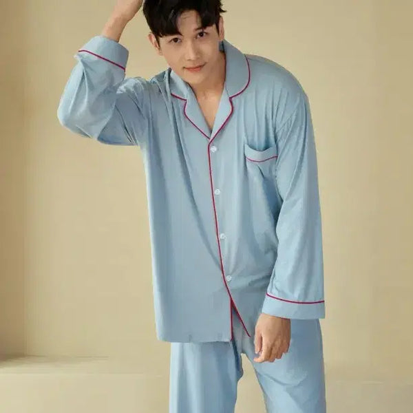 [BUNJANG] Blue Long-Sleeve Pajama Set / 스판 상하(긴소매카라넥) 블루 잠옷 파자마 상의,하의 / 긴팔,긴바지 세트 찐양면 잠옷