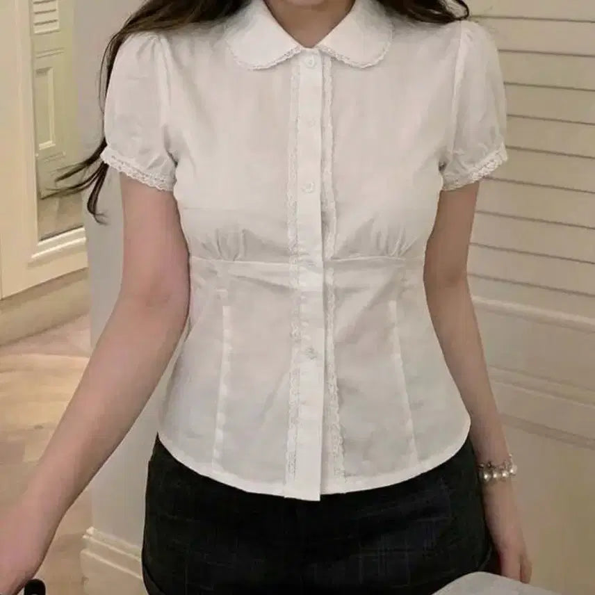 [BUNJANG] White Lace Puff Sleeve Blouse / 에이블리 블라우스 화이트 레이스 퍼프 소매