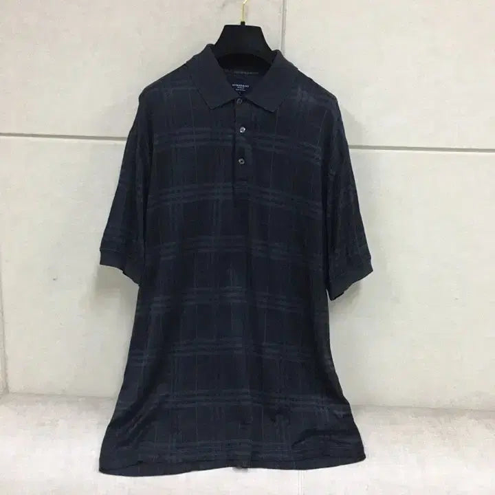 [BUNJANG] Burberry Authentic Men's Check Short Sleeve Polo Shirt Navy Size 100 / 버버리 정품 체크 남성 반팔 카라티 네이비 100호