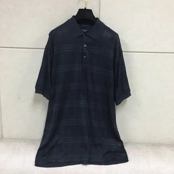 [BUNJANG] Burberry Authentic Men's Check Short Sleeve Polo Shirt Navy Size 100 / 버버리 정품 체크 남성 반팔 카라티 네이비 100호
