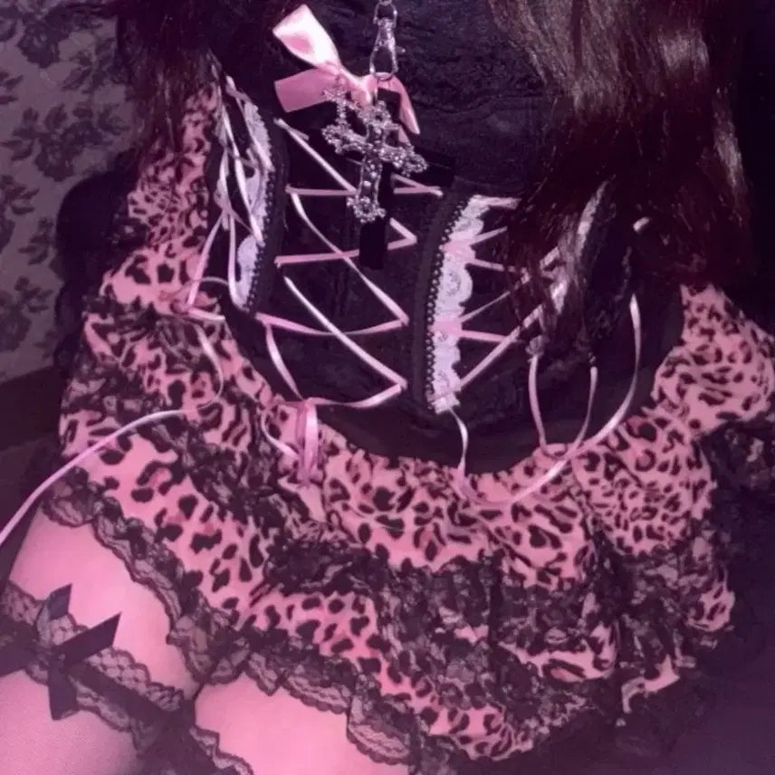[BUNJANG] Hime Gyaru Leopard Print Mini Skirt / 일녀 갸루 리본포인트 호피무늬 호피 미니 스커트 빈티지 히메갸루 라떼갸루