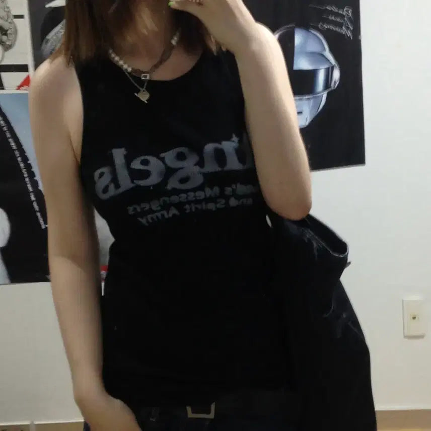 [BUNJANG] Japanese Vintage Y2K Angel Lettering Sleeveless Top Black / Japanese Vintage Y2K 펑크 빈티지 블랙 슬리브리스