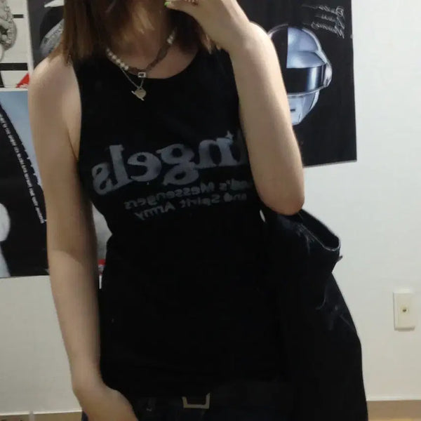 [BUNJANG] Japanese Vintage Y2K Angel Lettering Sleeveless Top Black / Japanese Vintage Y2K 펑크 빈티지 블랙 슬리브리스