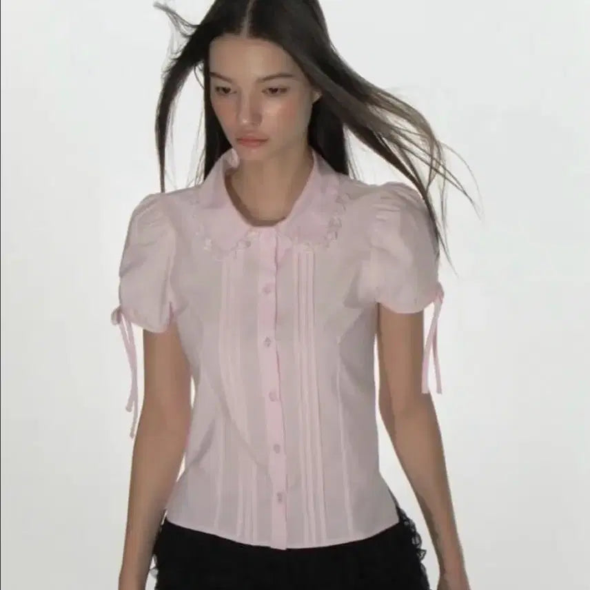 [BUNJANG] Crank Pin Tuck Lace Collar Blouse Pink / 크랭크 핀턱 레이스 카라 블라우스 핑크