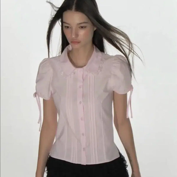 [BUNJANG] Crank Pin Tuck Lace Collar Blouse Pink / 크랭크 핀턱 레이스 카라 블라우스 핑크