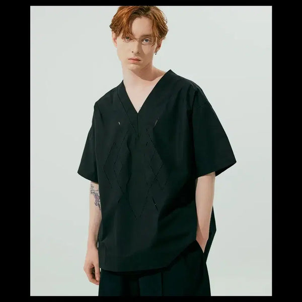 [BUNJANG] Noir Cutting Oversized V-Neck Shirt Black / 노이어 컷팅 오버핏 브이넥 셔츠(셔츠소재)(블랙)(미개봉 새상품)
