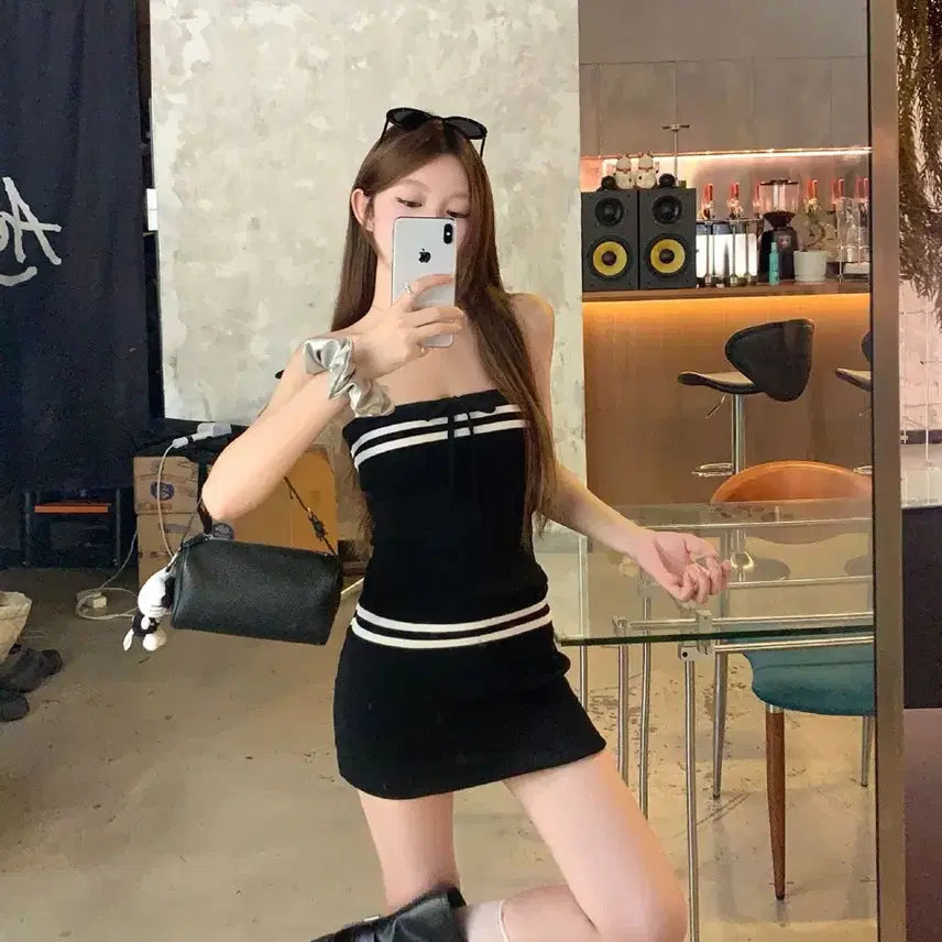 [BUNJANG] Striped Tube Top Mini Two-Piece Set / 단가라 튜브탑 미니 투피스 탑+스커트 수입의류 새상품