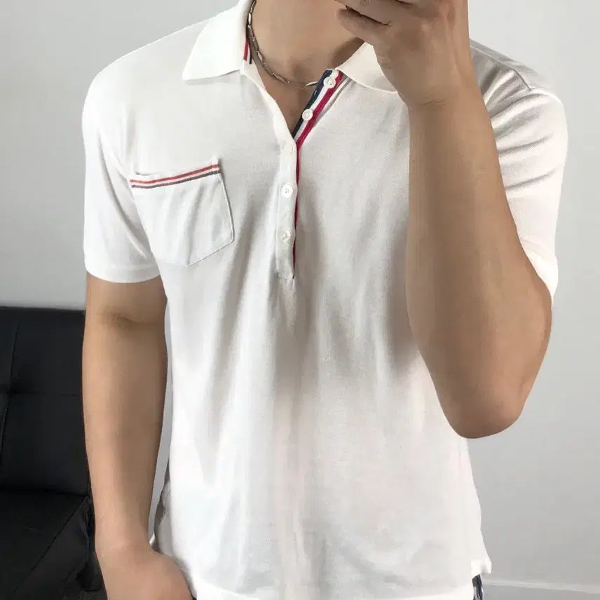 [BUNJANG] Thom Browne Genuine Hidden Three Stripe Pocket Cream PK Tee / 톰브라운 정품 히든삼선 포켓 크림 pk티