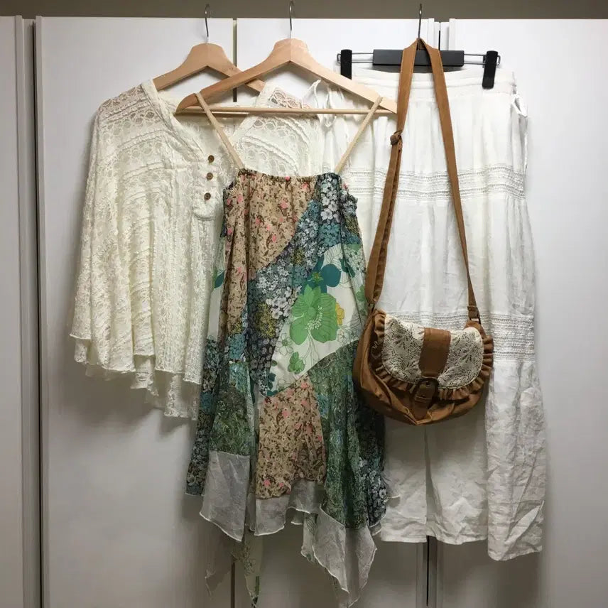 [BUNJANG] Morigirl Hagumi Fairy Coordi Set Patchwork Dress Cape Skirt / 모리걸 하구미 페어리 코디세트 패치워크 원피스 케이프 스커트 도트 지구네샵스즈코네코야코코모리카모메산장모리노가토