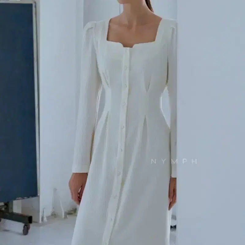 [BUNJANG] Glow Nymph Heart Neck Button Long Dress Puff Sleeve / (시착새상품)글로우앤님프 하트넥 버튼 원피스 NYMPH 님프 롱 자가드 퍼프소매 셀프웨딩 2부 드레스 피로연 돌잔치