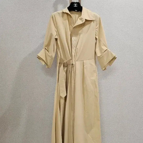 [BUNJANG] Misha Beige Crepe 7/10 Sleeve Midi Dress / 미샤원피스