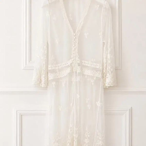 [BUNJANG] Vintage Japanese Embroidered Lace See-through Long Robe Cardigan / 일본 빈티지 자수 레이스 시스루 롱 로브 가디건 vintage robe