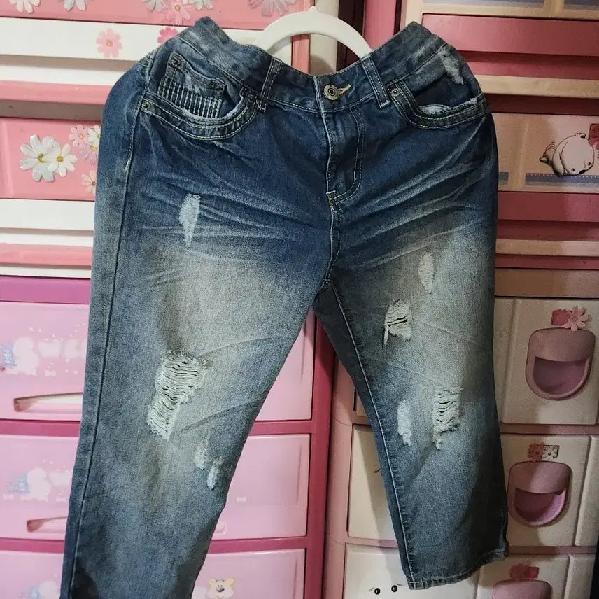 [BUNJANG] Denim 7-Length Shorts (Medium Blue/Distressed) / 데님 7반바지 (중청/구제) 일반66잘맞음