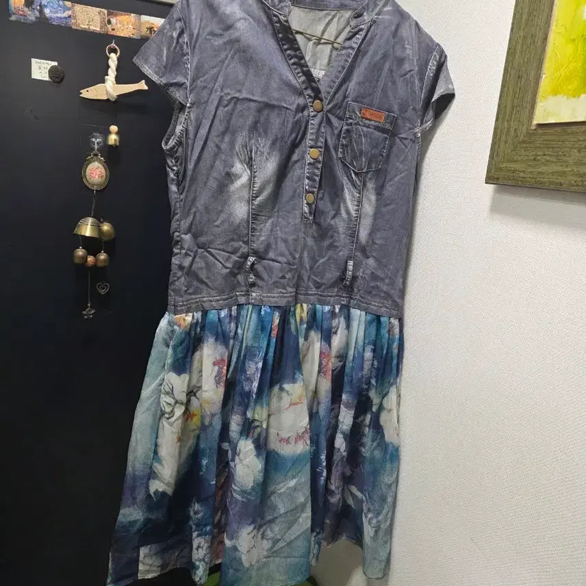 [BUNJANG] Blue Denim Floral Midi Dress / 청 데님 꽃무늬 원피스