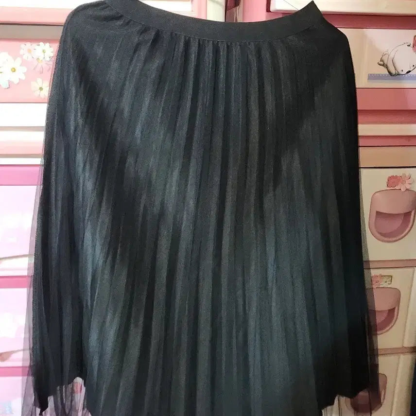 [BUNJANG] Black Chiffon Pleated Long Skirt with Mesh Detail / 주름 시폰 스커트  벨벳재질?블랙 보통66넉넉 밑에망사잇어이쁨