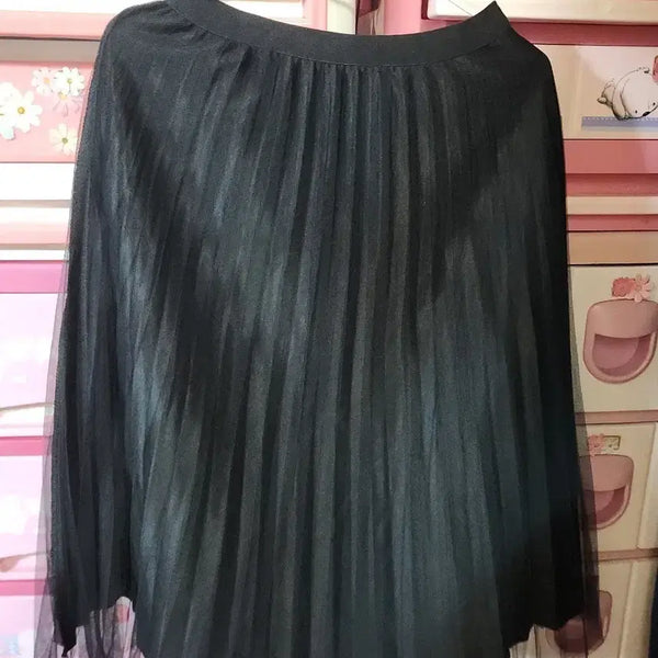 [BUNJANG] Black Chiffon Pleated Long Skirt with Mesh Detail / 주름 시폰 스커트  벨벳재질?블랙 보통66넉넉 밑에망사잇어이쁨
