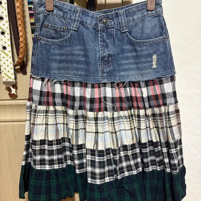 [BUNJANG] Mori Haguumi Midi Skirt Denim / 대장 패치 체크 미디스커트 데님 모리 하구미