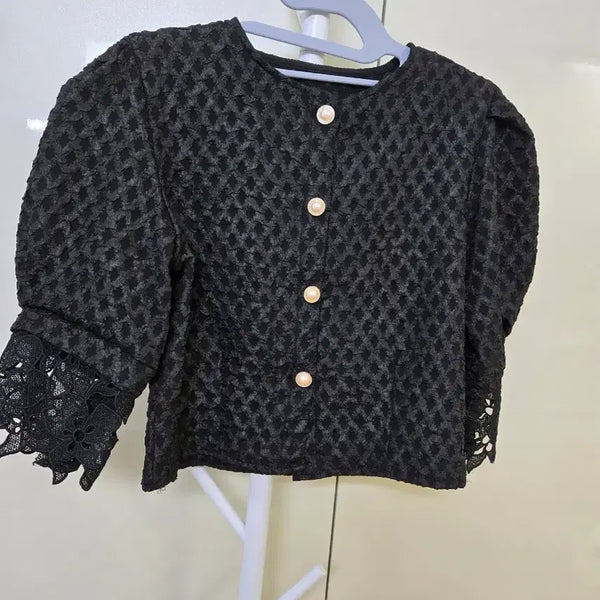 [BUNJANG] Black Lace Sleeve Puff Blouse / 블랙 레이스 소매 퍼프 블라우스