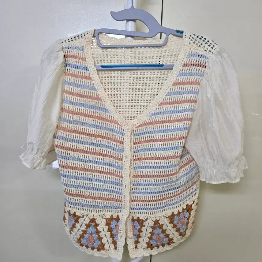 [BUNJANG] Crochet Cardigan White/Pink/Blue / 크로셰 가디건 화이트/핑크/블루