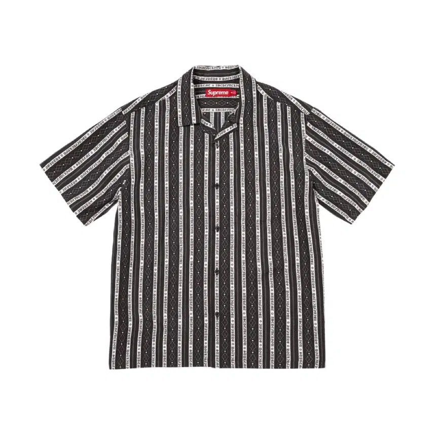 [BUNJANG] Supreme Old English Stripe Silk Short Sleeve Shirt Black / 슈프림 올드 잉글리쉬 스트라이프 실크 숏슬리브 셔츠 블랙 - 26SS